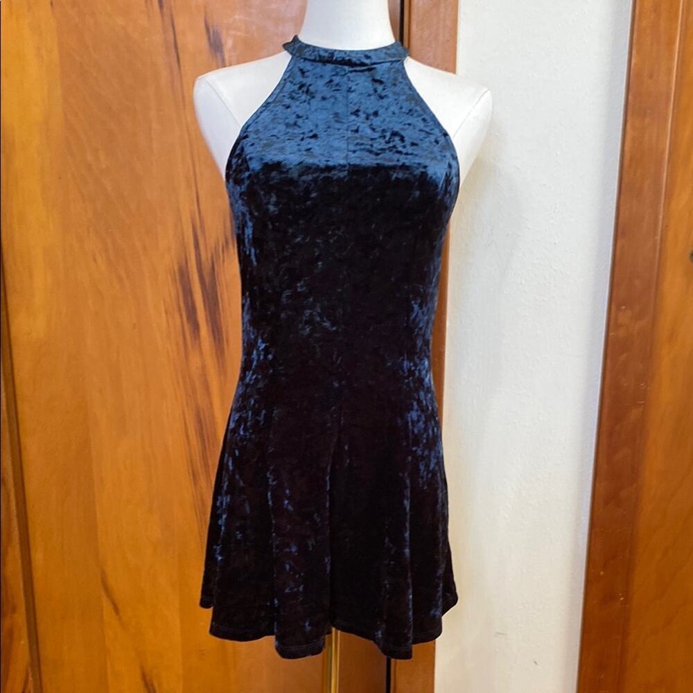 Midnight Blue Velvet Romper Halter Open Back Sleeveless High Neck Whimsigoth